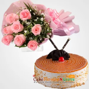 Butterscotch Flavorsome Cake and 8 mix roses flower bouquet