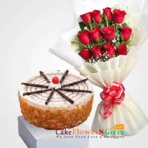 half kg Tantalizing Butterscotch Cake and 12 red roses flower bouquet