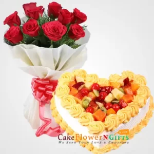 half kg Fruit heart shape Cake and 8 red roses flower bouquet