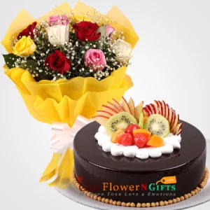 Fruit Infused Chocolate Cake and 8 mix roses flower bouquet