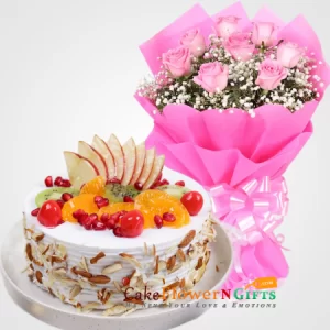 1kg Fruit And Nut Cake and 8 pink roses flower bouquet